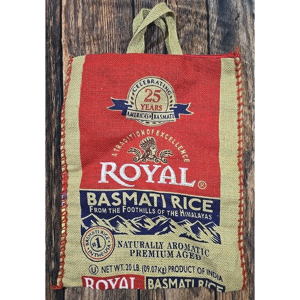 Royal Basmati Rice Bag 20lbs Burlap Handles Zipper Heavy Duty 25th Anniv No Rice